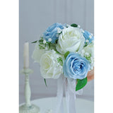 Dusty Blue Wedding Bouquets For Bride Bridesmaid, 7 Inch Baby'S Breath Ivory Artificial Roses Flowers Bridal Bouquets For Wedding Decor, Ceremony, Anniversary, Homecoming, Etc.