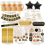 Black And Gold Party Decorations For Men And Women: Happy Birthday Banner, Fringe Curtains, "Cheers To You" Foil Balloons, Hanging Swirls, Photo Props, Birthday Sash