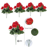 4Pcs Artificial Red Geranium Silk Flowers Outdoor Plant Bush Faux Flowers Geraniums For Floral Home Decor Outdoor Indoor Garden Patio Grave Cemetary Vase Table Centerpiece