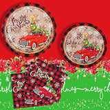 Pickup Truck Christmas Tree Disposable Paper Plates And Napkins For Merry Christmas Party Supplies - Serve 50