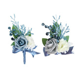 Wrist Corsage And Boutonniere Set Artificial Roses Flower Wedding Bridal Shower Homecoming Prom Corsage And Boutonniere For Groomsmen Bridesmaid Mother Girl Boys (Haze Blue)