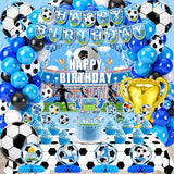 Soccer Birthday Party Decorations, 135PCS Blue Soccer Party Decorations Supplies with Latex Balloons Happy Birthday Banner Tablecloth Backdrop Honeycomb Sport Decorations Kit for Boys Men World Cup