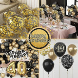40th Birthday Decoration Set: Black & Gold Balloons, "Happy Birthday" Banner