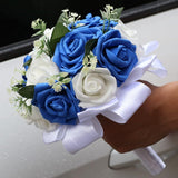 Mini Dainty Bouquet Toss For Wedding Artificial Pe Fake Rose Round Flower Bunch For Bridesmaids Flower Girls(White & Royal Blue, 6.7")