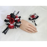 Ting & Cecilly Rose Wedding Corsage And Boutonniere Set, Floral Accessories For Wedding Flower Accessories Prom Suit Decorations (Black & Red)