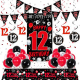12th Birthday Decorations Red Black Banner Balloons Tablecover Party Decor