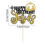 1Pcs Happy Birthday Cake Topper Glitter Black-Gold Jesus Birthday Cake Pick Merry Christmas Cake Decorations For Nativity Scene Christmas Birthday Party Supplies