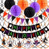 Happy Halloween Party Decorations Set Banner Flags Honeycomb Pumpkin Ghost Swirls