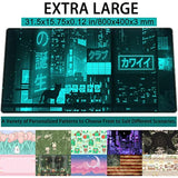 Cyan Green Japanese Desk Mat, Neon Tokyo Extended Mouse Pad Anime Cat Desk Pad, Gaming Mousepad Xxl, Large Keyboard Mat For Gamers, Cool Computer Mat For Desk With Stitched Edges 31.5X15.7 In