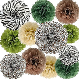 Jungle Safari Tissue Paper Pom Poms Wild Animal Leopard Zebra Print Cheetah Party Decorations Sage Green Brown Flowers Wall Hanging Décor Table Centerpieces Supplies Birthday Bridal Baby Shower