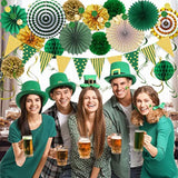 Green Gold Party Decorations Paper Fans, Graduation Season Hanging Glitter Triangle Flags Banner Hanging Paper Fan Happy Birthday Banners And Triangular Flag, Bridal Shower,Green Themed Birthday