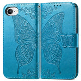 For Iphone 16E Phone Case Wallet,Women Flip Folio Cover With Credit Card Holders Butterfly Flower Embossed Pu Leather Purse Magnetic Wrist Strap Kickstand Case For Iphone 16E Blue