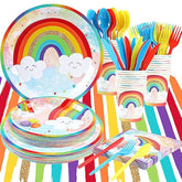 Rainbow Party Supplies, Happy Birthday Decorations For Girls & Boys -169Pcs Rainbow Party Tableware Set Include 9" And 7" Party Plates And Napkins Cups Utensils With Tablecloth For 24 Guests