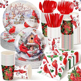 350 Pieces Christmas Disposable Dinnerware Set, Serves 50, Merry Christmas Paper Plates Red Cardinal Napkins Cups Cutlery For Christmas Holiday Dinner Party Decorations