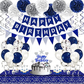 Navy Blue Silver Birthday Decorations For Men, Blue Birthday Party Sup