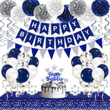 Navy Blue & Silver Men's Birthday Decor Kit with Balloons, Banner, Tablecloth and More