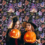 2 Pack Halloween Foil Fringe Curtains Backdrop with Pumpkin Ghost Bat Decorations