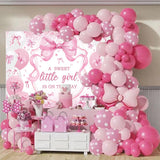 Pink Bow Baby Shower Backdrop for Girls 7x5FT A Sweet Little Girl is On His Way Banner Background Welcome Baby Girl Baby Shower Party Decorations Supplies Photo Props
