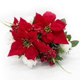 18 Stems Artificial Poinsettia Bouquet Fake Christmas Flower, Faux Velvet Poinsettia Carnations - For Home Decor, Holiday Bush, Indoor Floral, Cemetery Flowers - White/Red