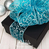 Swirl Glitter Wired Ribbon, Turquoise Blue Organza Sheer Ribbon With S