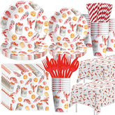 Crawfish Boil Party Supplies – Seafood Theme Tableware Set for 24, Includes Plates, Cups & More