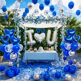 I Love You for Him/Her Balloons Royal Blue and Sliver balloon kit with 24/18in Heart Shaped Foil Balloons and 400pcs Blue Artificial Rose Petals for Valentines Party Romantic Decoration