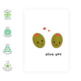 Valentines Day Card - Love Card For Her - Romantic Anniversary Day Card For Him - Olive You - Funny Food Puns - Birthday Card For Boyfriend Girlfriend - I Love You Card - Kids Valentines Day Cards