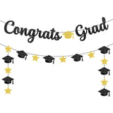 Pre-Strung Graduation Banner Sign, Glitter Congrats Grad Banner, Black Gold