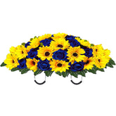 Artificial Summer Autumn Sunflower Cemetery Flowers Outdoor Grave Decorations Saddle Arrangement For Headstone,Outdoor Tombstone Memorial Decorations, Easy Fit (Yellow Darkblue)