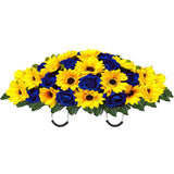 Artificial Summer Autumn Sunflower Cemetery Flowers Outdoor Grave Decorations Saddle Arrangement For Headstone,Outdoor Tombstone Memorial Decorations, Easy Fit (Yellow Darkblue)