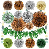 16 Pcs Jungle Safari Party Decorations Safari Theme Hanging Paper Fans Birthday Decor Tropical Palm Leaves Dots Banner Jungle Wild Animal Leopard Print Pompoms Baby Shower Party Supplies