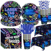 Laser Tag Birthday Party Decorations Tableware - Neon Glow Shooting Game Theme Laser Tag Party Supplies Decorations, Paper Plate, Cup, Napkin, Table Cloth, Cutlery | Serves 24