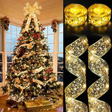 2 Pack Gold Christmas Tree Decorations, Total 40Ft 120 Led Christmas Tree Ribbon Lights Battery Powered Ribbon Bows Copp