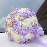 Lilac Ivory Wedding Bridal Bouquet With Rhinestone Brooch Bouquet For Bride Bridesmaid Quinceanera Satin Rose Flower Bouquet Wedding Light Purple Lilac And Ivory 7.5In