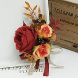 2 Pieces Of Wrist Corsage And Boutonniere Set, Artificial Flowers Accessories Suit Decor For Wedding Prom Party Homecoming Ceremony Anniversary - Red+Orange