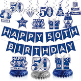 Blue & Silver 50th Birthday Decorations Set with Swirls, Banner & Centerpieces