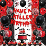 Have A Killer Birthday Decorations, Black Red Halloween Birthday Glitter Banner, Balloons, Blood Knife Cake Toppers For Halloween Decorations Supplies, Horror Backdrop Party Decor