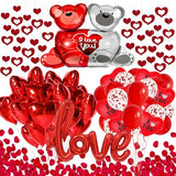 Valentines Balloons Kit, Red Love Balloons and Love-Bear Red Heart Balloons with 1000 Pcs Red Silk Rose Petals for Valentines Day Balloons Decorations Anniversary Decorations Romantic