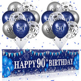 Blue 90Th Birthday Decorations For Men Women, Navy Blue Silver Happy 90Th Birthday Yard Banner, Blue 90Th Birthday Balloons For 90Th Birthday Anniversary Party Decorations Supplies