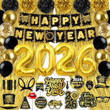 2026 New Year Black and Gold Party Kit with Banner, Props, Curtains, and Balloons