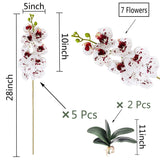 5 Pcs Artificial Orchid Flowers And 2 Bundles Leaves?White With Spots Artificial Phalaenopsis Flowers 28 Inch Stem Plants For Home Wedding Decoration