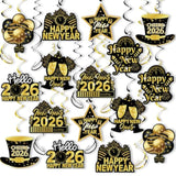 40pcs Black Gold Happy New Year 2026 Hanging Swirls Ceiling Streamers