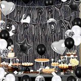 Birthday Party Decorations Happy Birthday Balloons Banner With Black And White Balloons Set, Black Foil Fringe Curtain For Men Women Adults Birthday Party (Black?