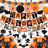 Happy Halloween Banner Balloons Swirl Streamers Paper Fans Pumpkin Bat Ghost Decor