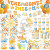 Here Comes The Son Baby Shower Tableware Decor For Boys,Boho Rainbow Sun Themed Party Decorations Disposable Banner,Tablecloth,Plates,Napkin,Balloon,Cupcake Topper,Serve 24