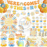 Here Comes The Son Baby Shower Tableware Decor For Boys,Boho Rainbow Sun Themed Party Decorations Disposable Banner,Tablecloth,Plates,Napkin,Balloon,Cupcake Topper,Serve 24