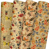 Kraft Floral Wrapping Paper - Watercolor Gift Wrap With Vintage Flower, Butterfly, Newspaper Design For Wedding, Bridal Shower, Mother'S Day, Birthday, Christmas - 8 Sheets, 20 X 29 Inches