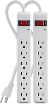 2 Pack 6 Outlet Surge Protector Power Strip 2FT Metal Extension Cord Flat Plug White