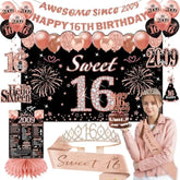 21pcs Black Rose Gold Sweet 16 Decor — Crown, Sash, Banner, Balloons & More