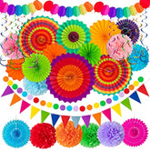 35Pcs Fiesta Paper Fan Party Decorations Set - Cinco De Mayo Pom Poms,Pennant,Garland String,Banner,Hanging Swirls Decor Supplies,Multicolored